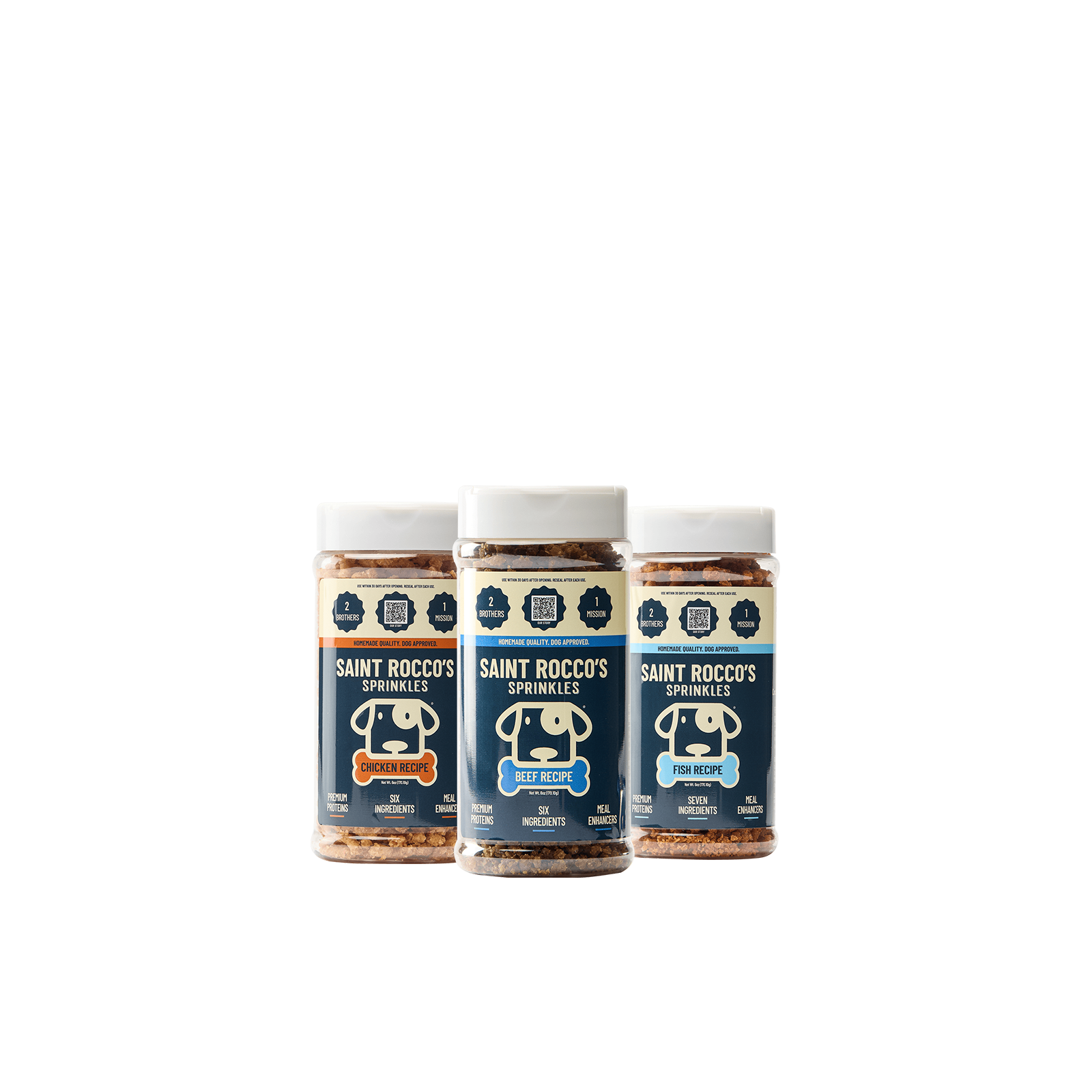 Saint Rocco's sprinkle trio, beef , chicken and fish meal-enahncers.