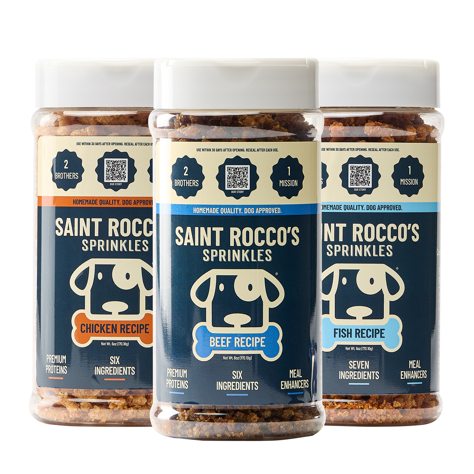 Three bottles of Saint Rocco's Sprinkles meal-enhancers. Beef Recipe with a navy blue label, Chicken Recipe and Fish Recipe with beige and blue labels respectively.