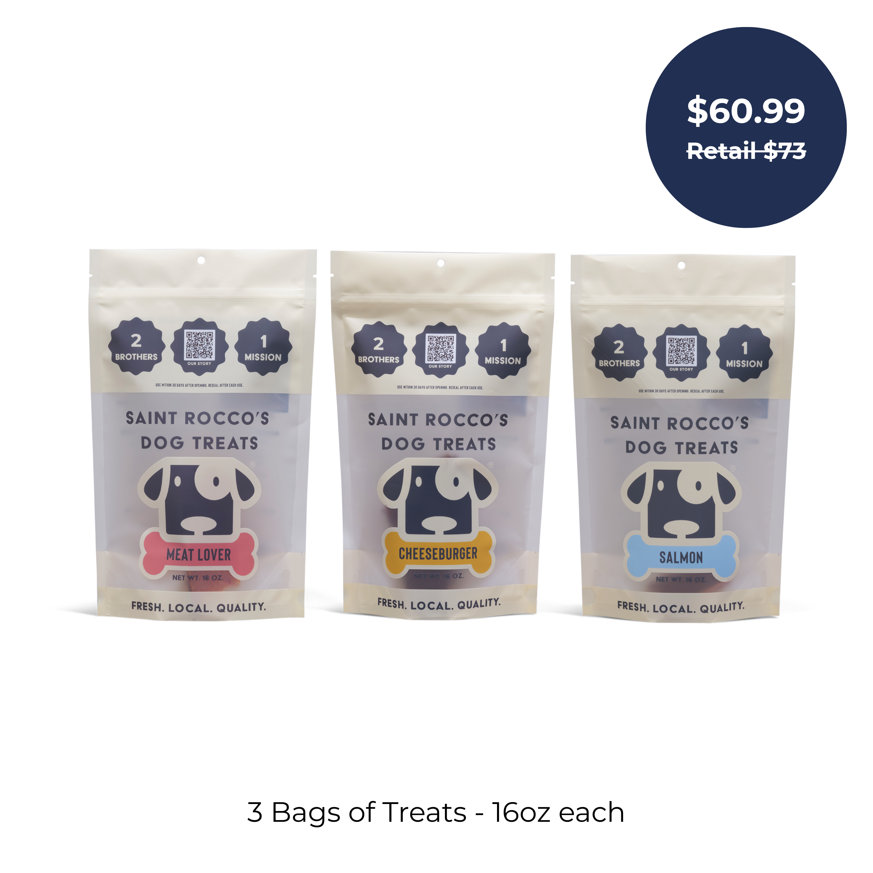 Saint Rocco’s Treats Training Treats Bundle: Three 16oz bags in Meat Lover, Cheeseburger, and Salmon flavors. Perfect high-value dog treats for $60.99 (Retail $73).