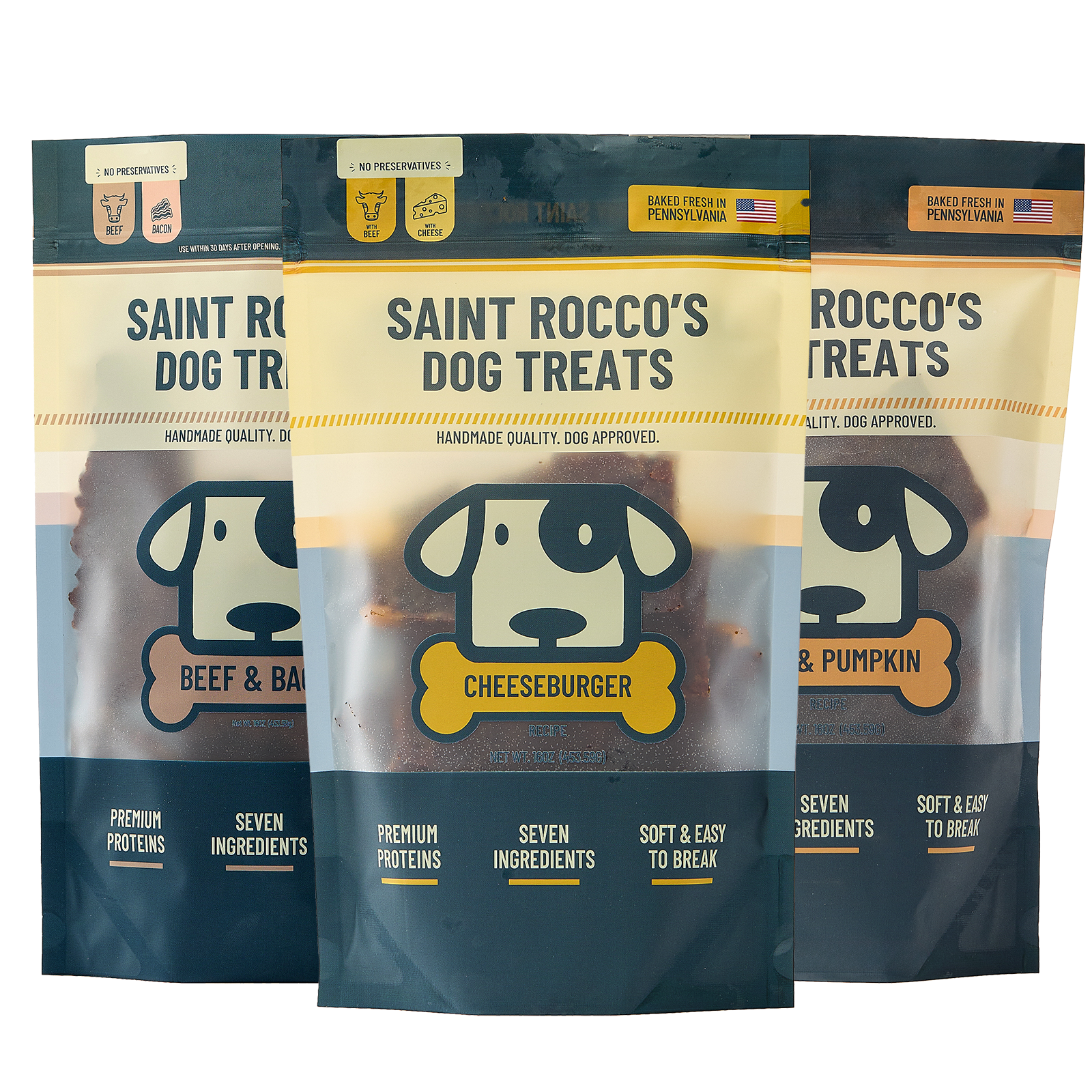Three stand-up pouches of Saint Rocco's Dog Treats arranged together on a white background, with the center pouch fully visible and the side pouches partially cropped behind it. Showcasing Cheeseburger, Beef & Pumpkin and Beef and Bacon flavors.