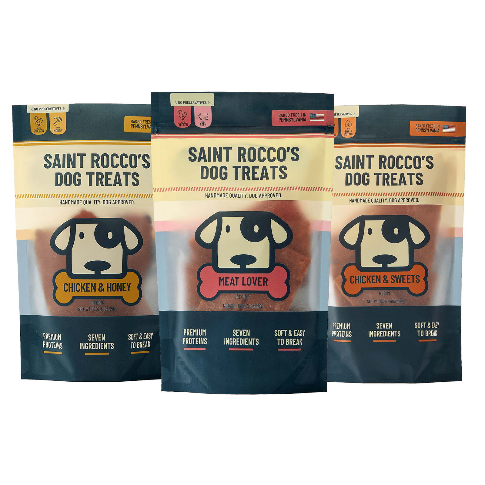 Saint Rocco's ultimate bundle of chicken & bacon, chicken & honey and chicken & sweet potato 16oz bag treats bundled together.