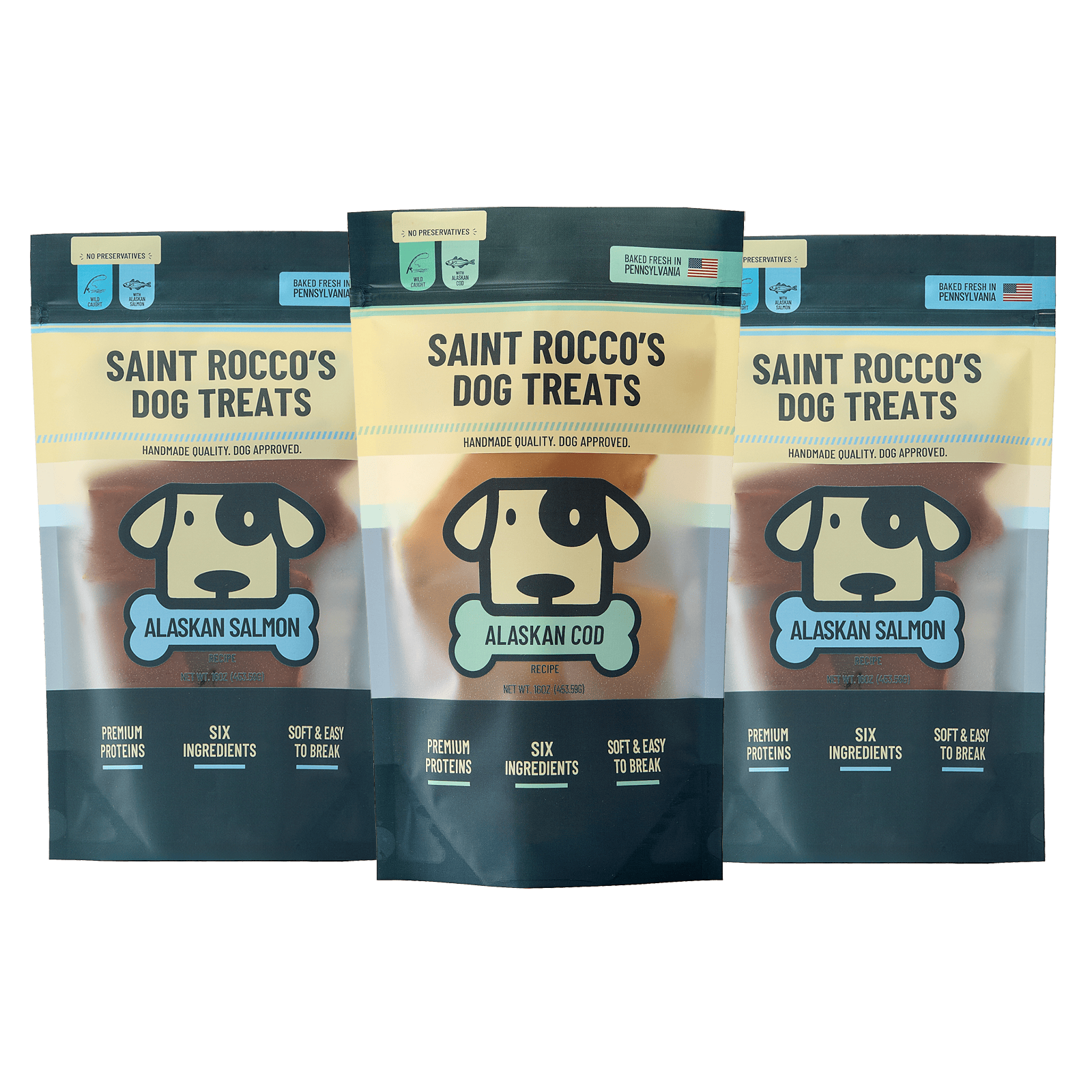 Bundle of Saint Rocco's alaskan salmon & cod. Two 16oz bags of salmon and one 16oz bag of cod treats bundled together.
