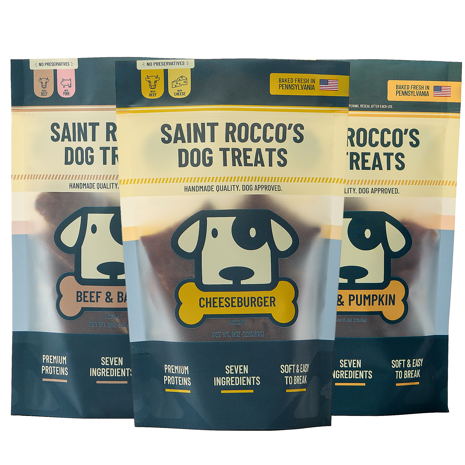 Saint Rocco's 3oz starter pack of beef & bacon, beef & romano cheese and beef & pumpkin treats bundled together.