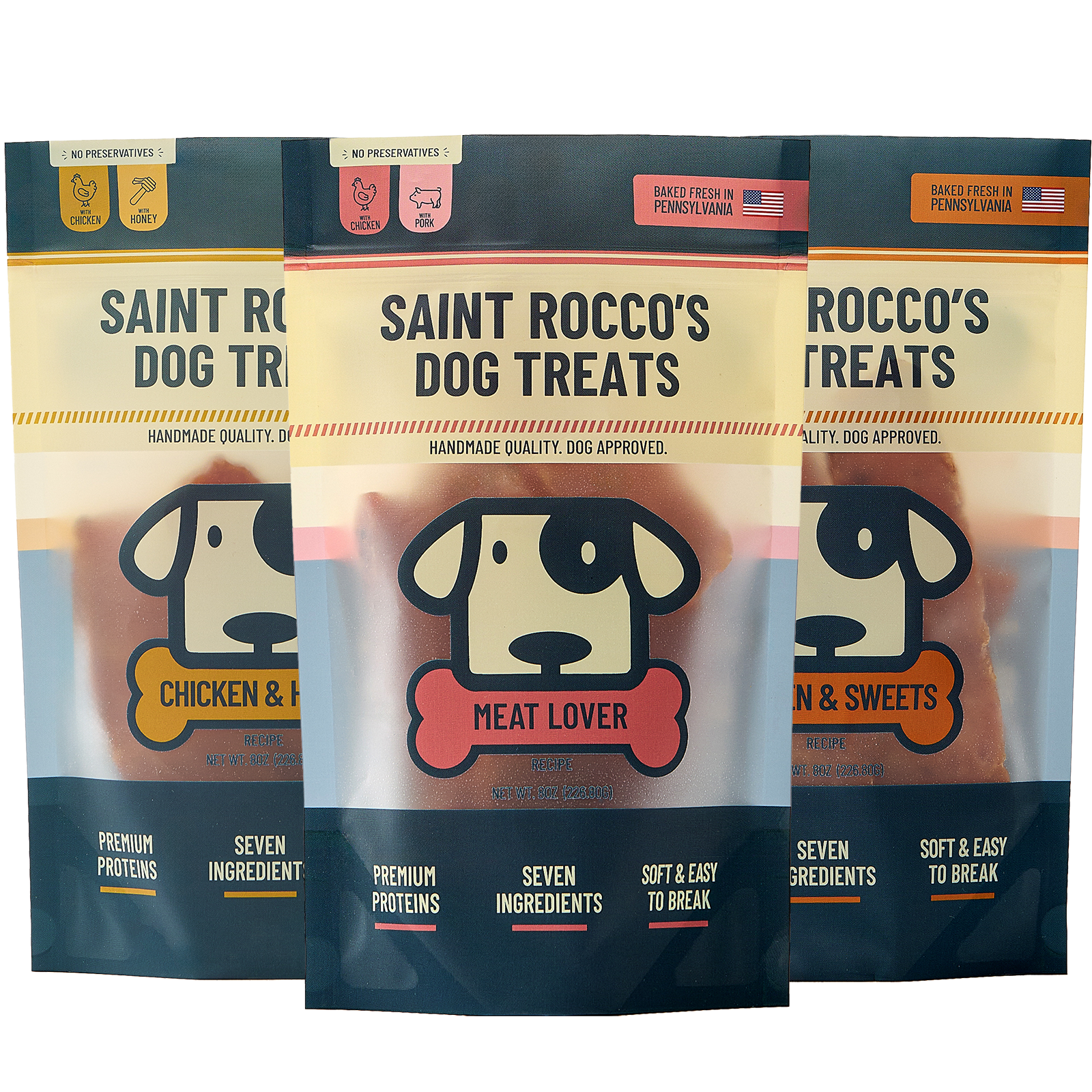 Saint Rocco's 3oz starter pack of chicken treats with chicken & honey, chicken & bacon and chicken & sweet potato bundled together.