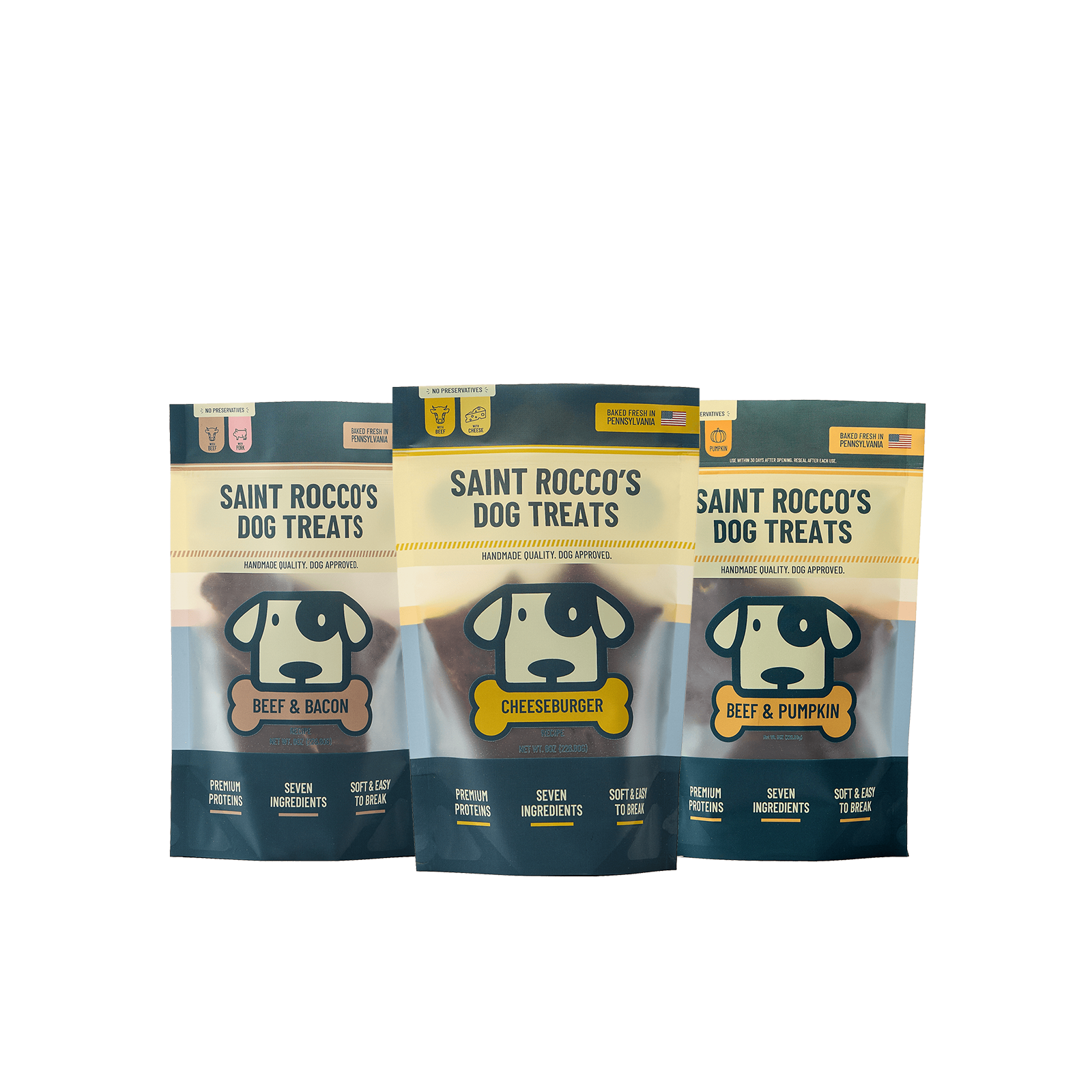 Saint Rocco's 3oz starter pack of beef & bacon, beef & romano cheese and beef & pumpkin treats bundled together.