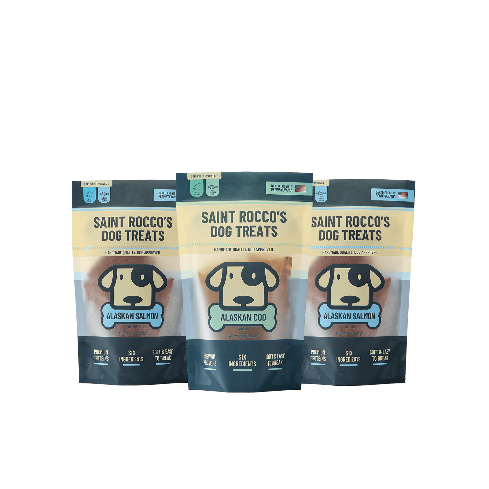 Saint Rocco's 3oz alaskan salmon and cod treats bundled together.