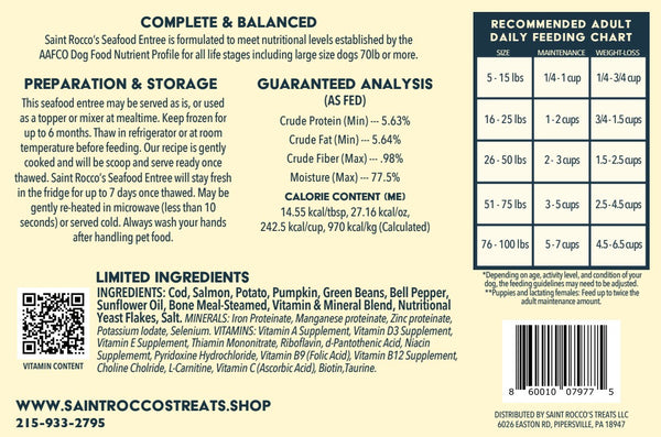 The Saint Rocco’s Treats Cod & Salmon Entree dog food label includes a feeding guide, guaranteed analysis, ingredients, vitamin content, storage instructions, and contact info. The design features green text blocks on a beige background.