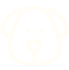 Simple line drawing of a dog’s face, showing two floppy ears, two eyes, a nose, and a mouth, all outlined in light color on a white background.