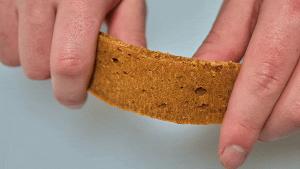 Two hands gently bend a piece of Saint Rocco’s Treats Specialty Treats Bundle, highlighting its soft and flexible texture against a neutral background.