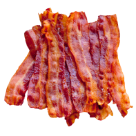 Several strips of crispy, cooked bacon are arranged in a pile on a white background.