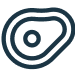 A simple, black line drawing of a steak with a circular bone in the center, resembling a stylized icon or logo on a light background.