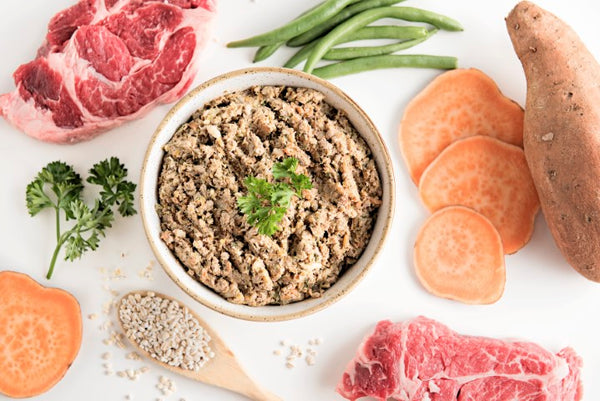 Saint Rocco's Treats Beef Entree features ground meat, parsley, sweet potatoes, green beans, oats, and fresh parsley—perfect as a fresh frozen dog food or homemade-style meal for your dog.