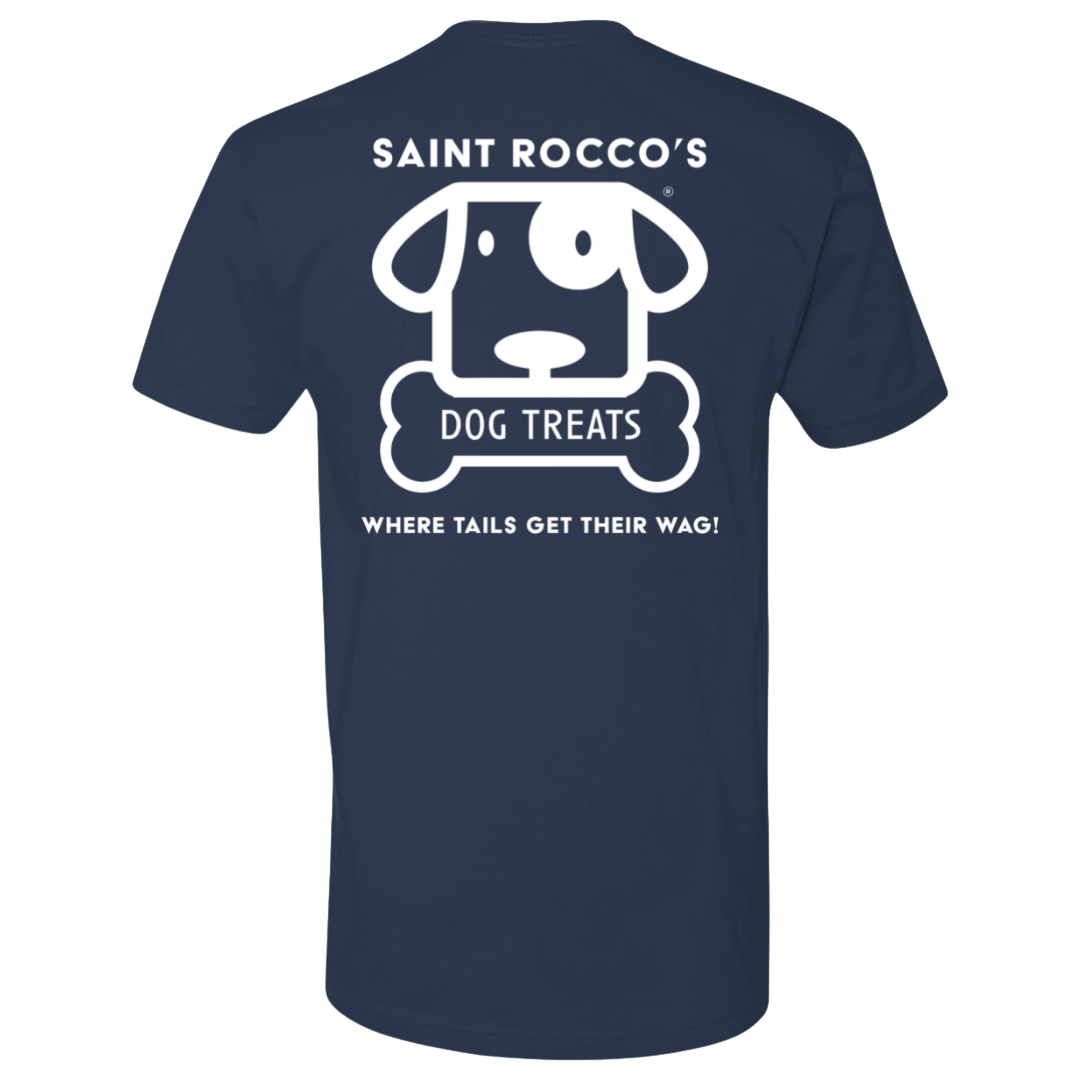 Navy blue t-shirt with large white Saint Rocco's logo and text on the back.