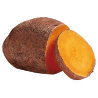 A whole sweet potato with a portion cut off, revealing its vibrant orange flesh and brownish skin, against a plain white background.
