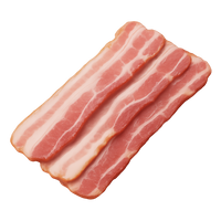 Two slices of raw bacon on a white background