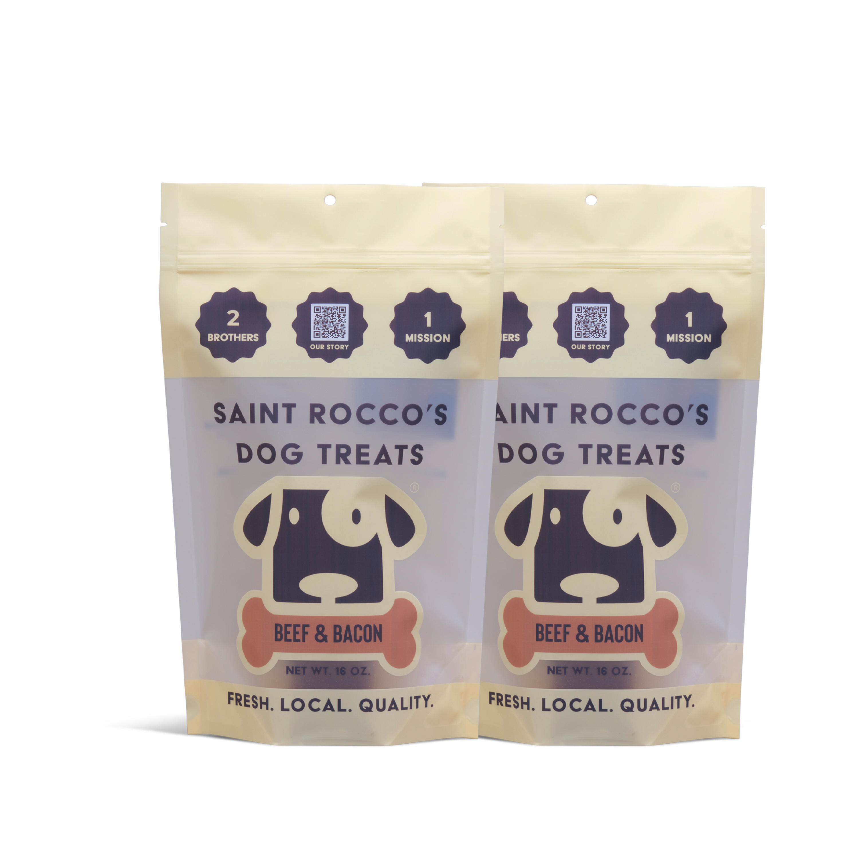 Two bags of Saint Rocco's Treats, Beef and Bacon flavor, feature a cartoon dog and bone on the packaging. The top highlights "Fresh. Local. Quality." and "2 Brothers, 1 Mission.