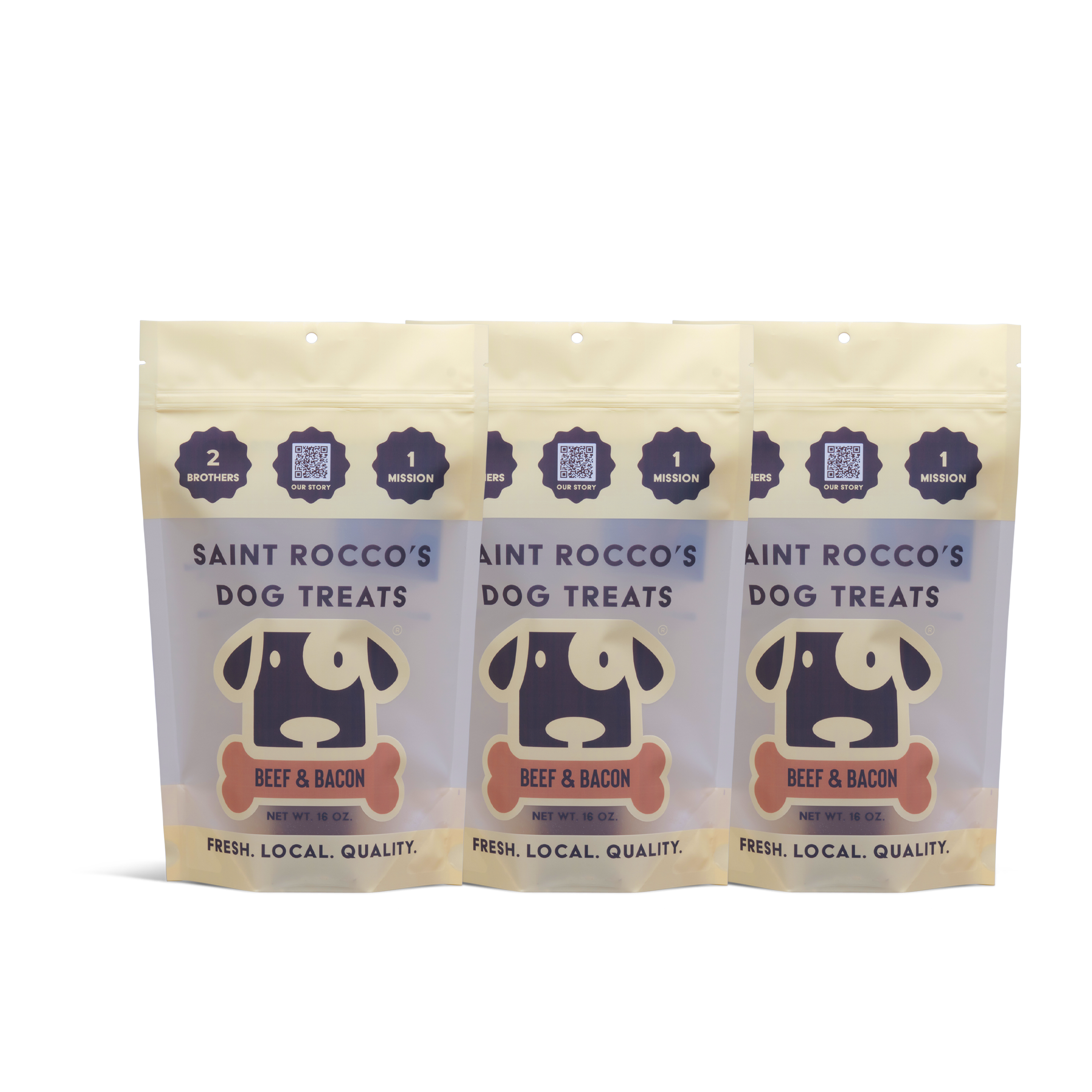 Three bags of Saint Rocco's Treats Beef and Bacon are displayed side by side. Each bag features a stylized dog face and labels that highlight "FRESH. LOCAL. QUALITY." as well as "2 Bones," "1 Mission.