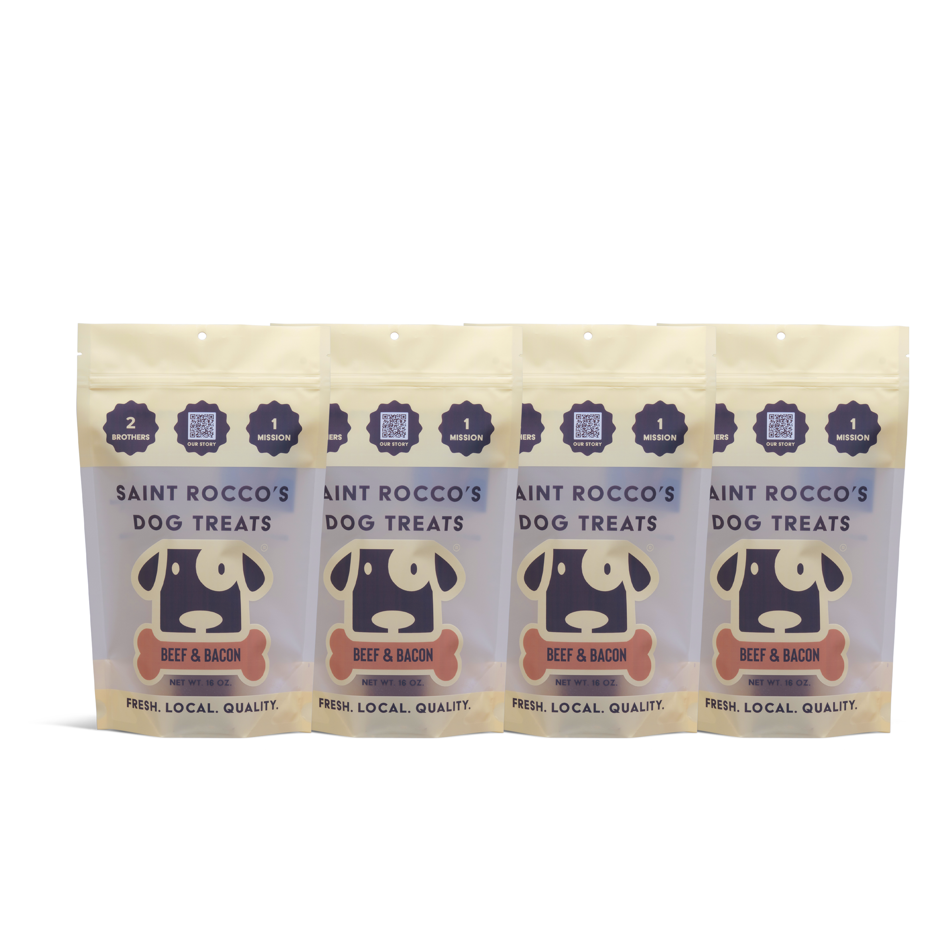 Four bags of Saint Rocco's Treats Beef and Bacon dog treats, in beige packs with a cartoon dog face, are lined up. They highlight freshness, local quality, and support the 2-bag mission.