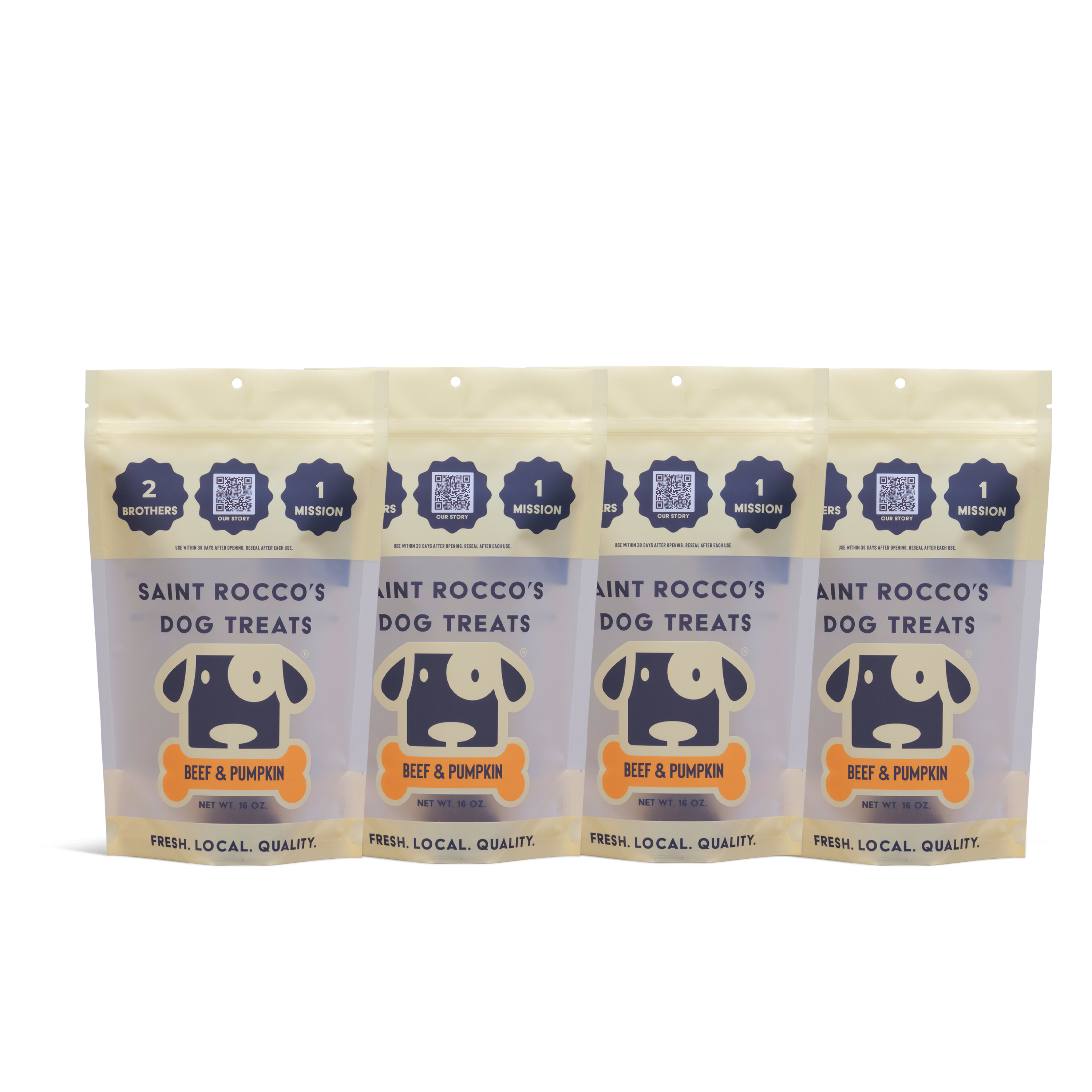 Four packets of Saint Rocco's Treats Beef and Pumpkin dog treats are lined up, each in light yellow and gray packaging with a cartoon dog face and text highlighting freshness and quality.