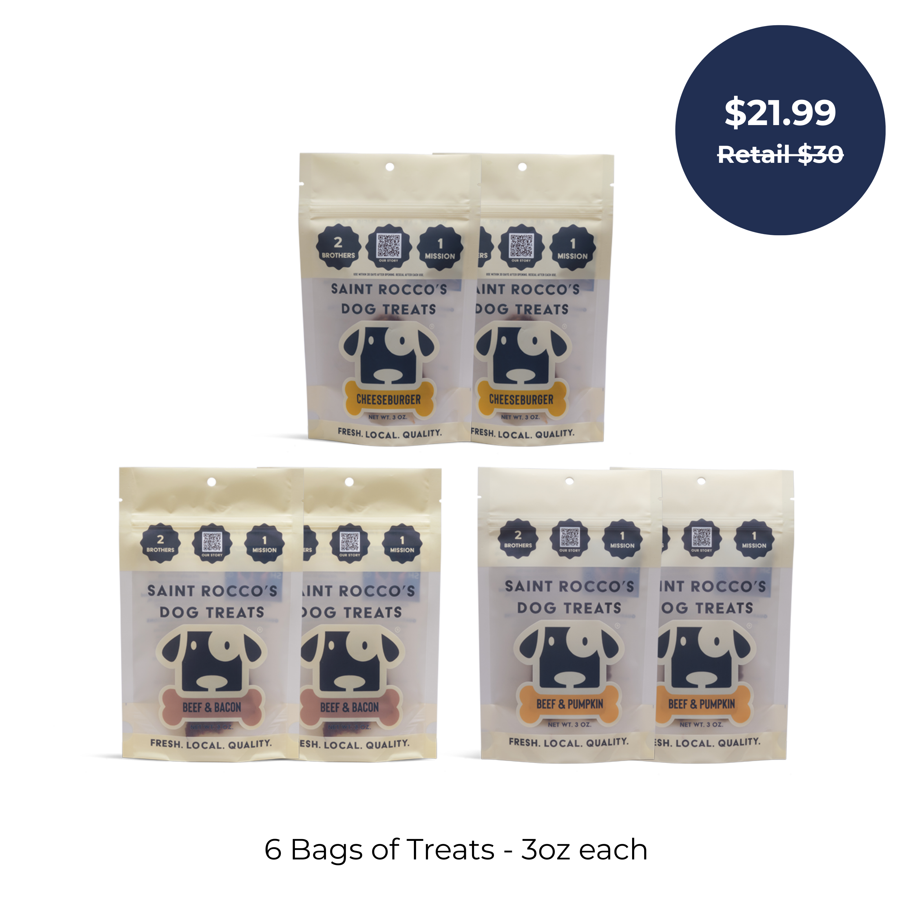 Six bags of Saint Rocco’s Treats Beef Sampler Bundle (3oz each) are displayed with a price bubble reading $21.99 Retail $30. Text below reads, “6 Bags of Treats - 3oz each.”.