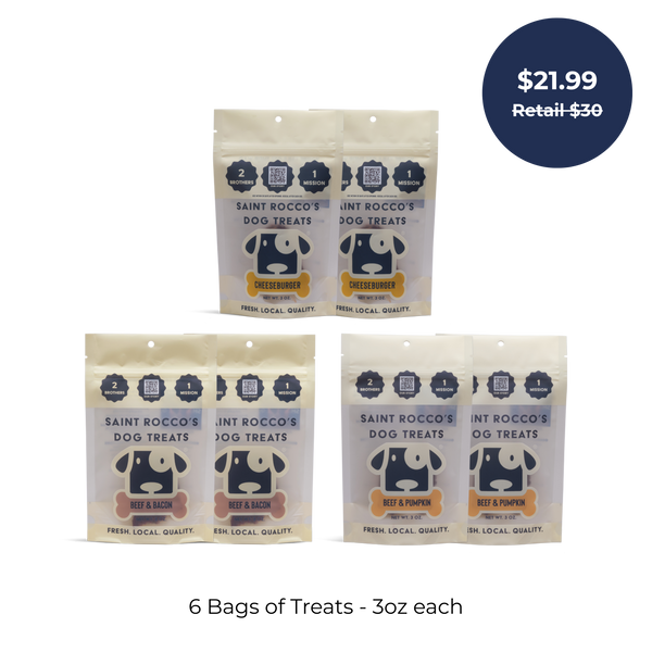 Six bags of Saint Rocco’s Treats Beef Sampler Bundle (3oz each) are displayed with a price bubble reading $21.99 Retail $30. Text below reads, “6 Bags of Treats - 3oz each.”.