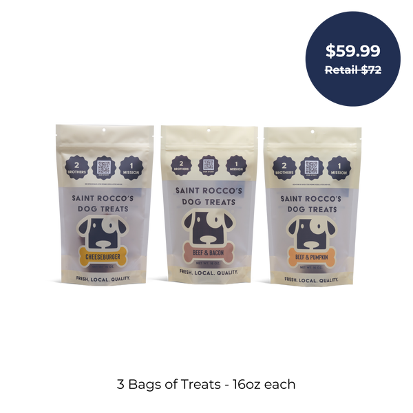Three 16oz bags of Saint Rocco's Treats Beef Sampler Bundle are shown side by side. Price is $59.99, reduced from $72 retail.
