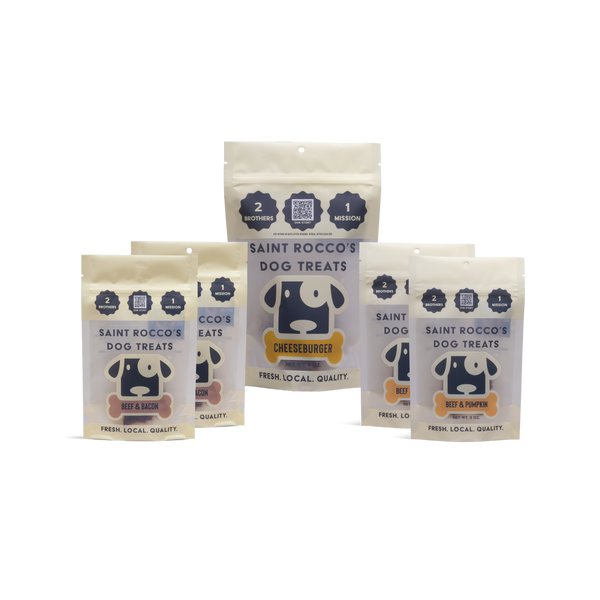 Saint Rocco's Dog Treats packages on a white background