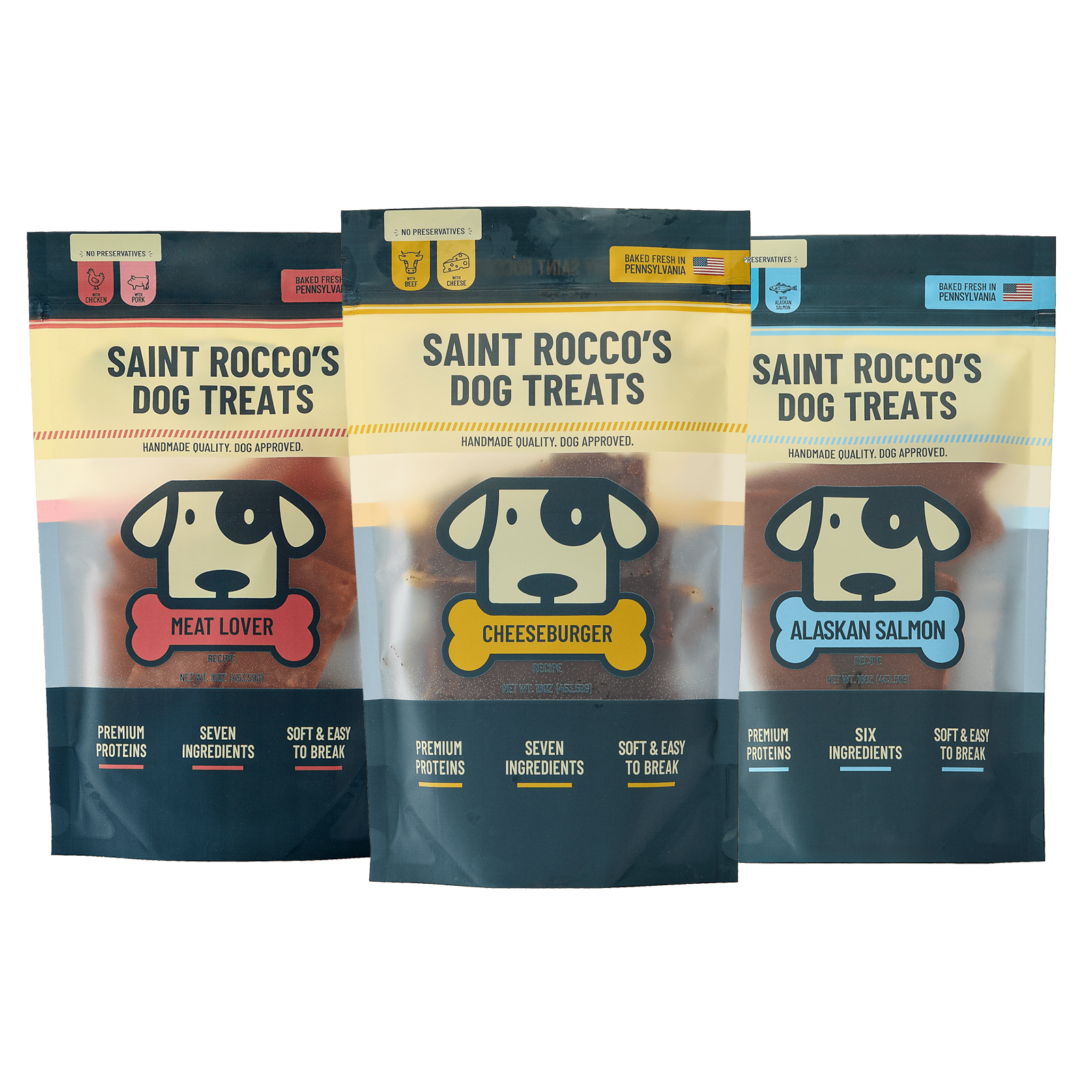 Saint Rocco's 16oz top selling flavors beef & romano cheese, chicken & bacon and wild-caught aslaskan salmon bundled together.