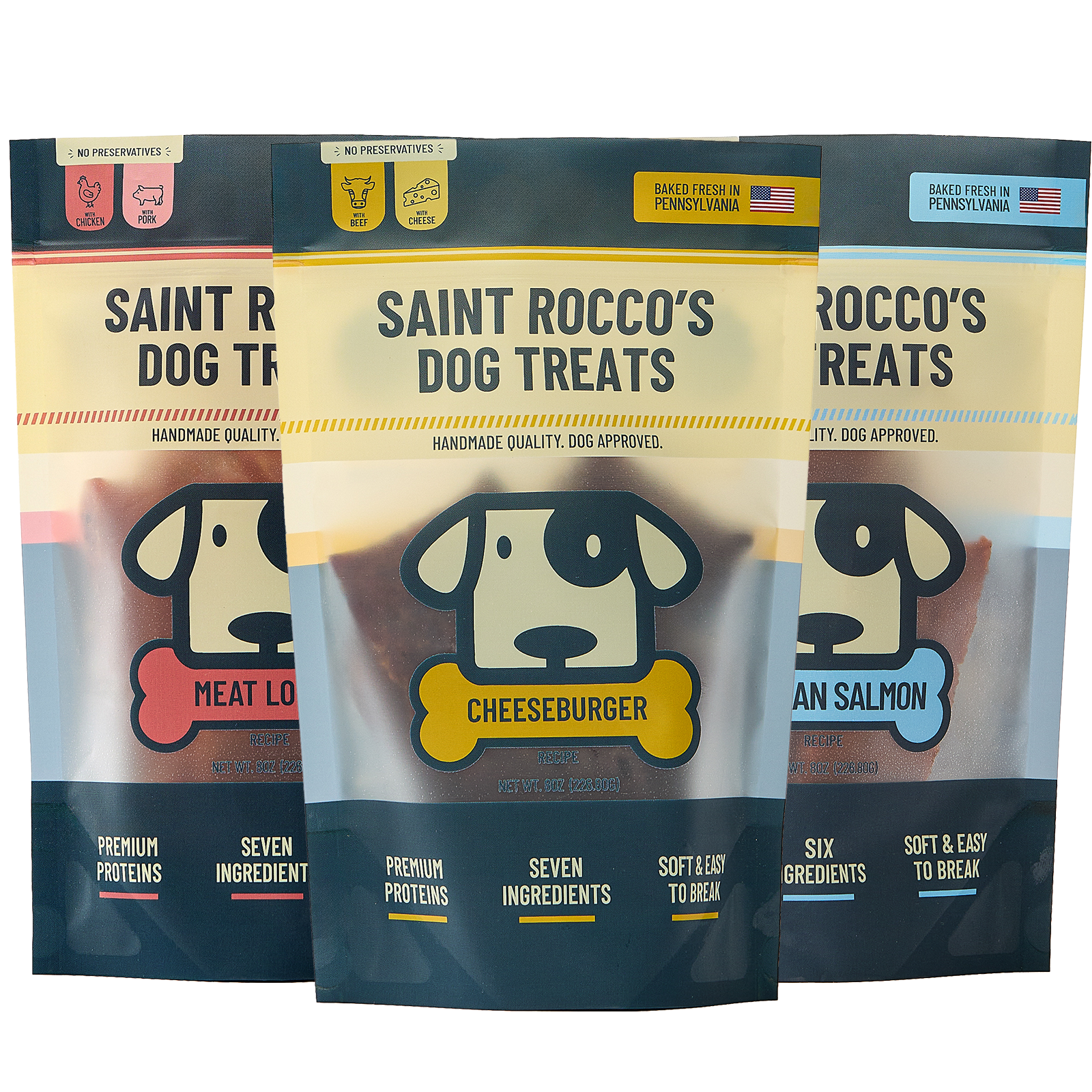 Saint Rocco's 8oz top selling flavors beef & romano cheese, chicken & bacon and wild-caught alaskan salmon bundled together.