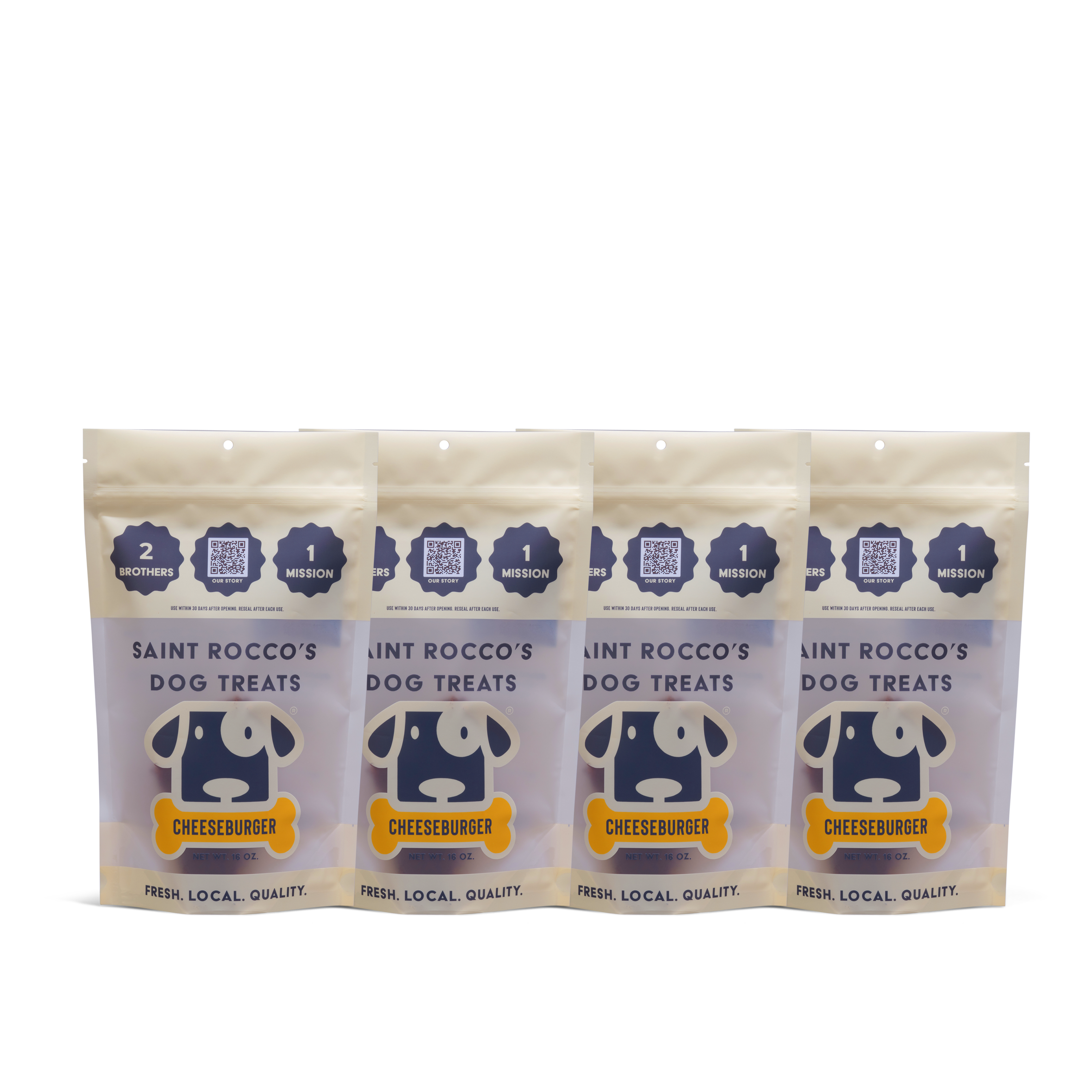 Four packages of Saint Rocco's Treats Cheeseburger Treats are lined up, each with a cartoon dog face on beige and blue packaging highlighting fresh, local quality.