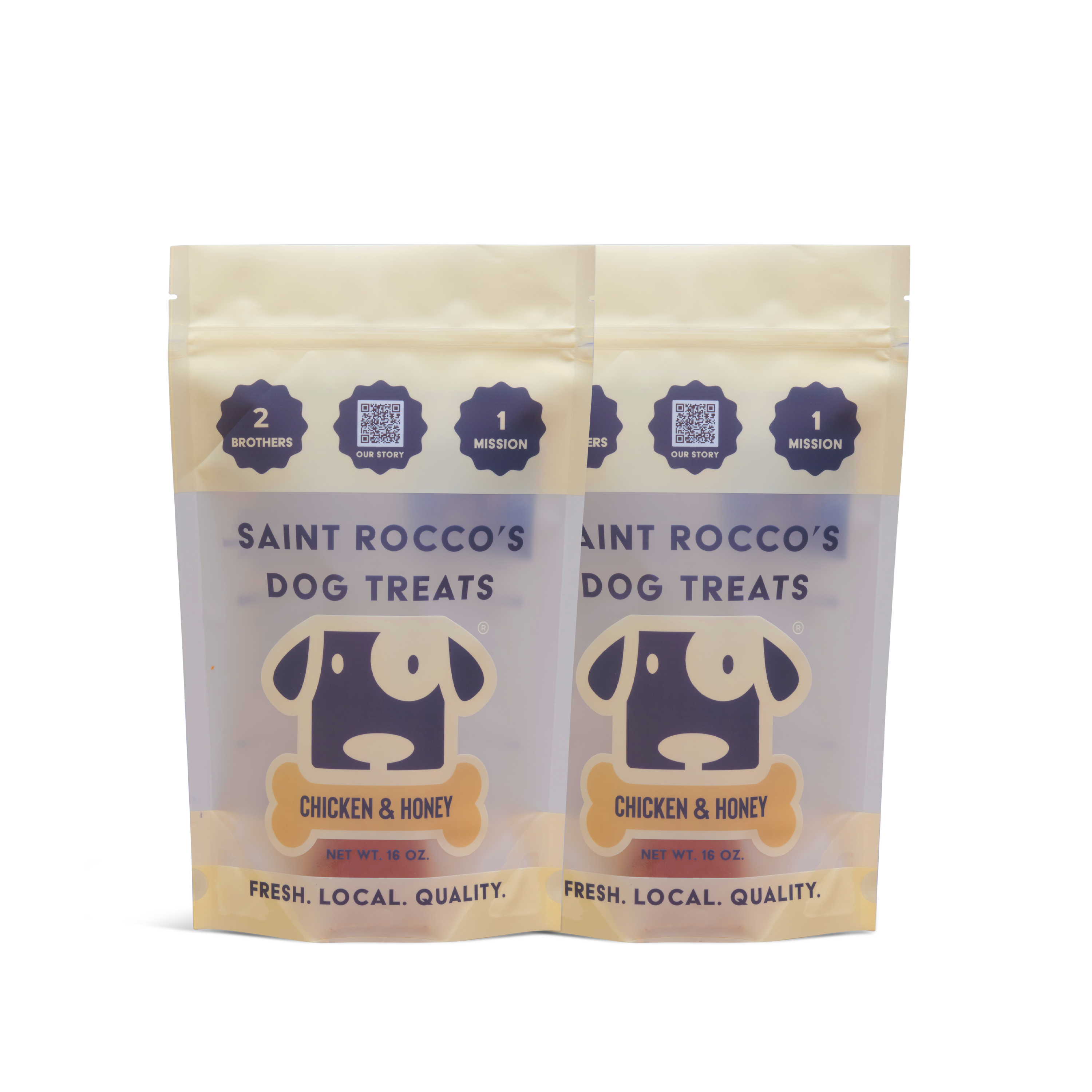 Two bags of Saint Rocco's Treats, Chicken and Honey flavor, feature a cartoon dog logo and “Fresh. Local. Quality.” on a white background with “2 brothers, 1 mission”—perfect high-value treats for your dog.