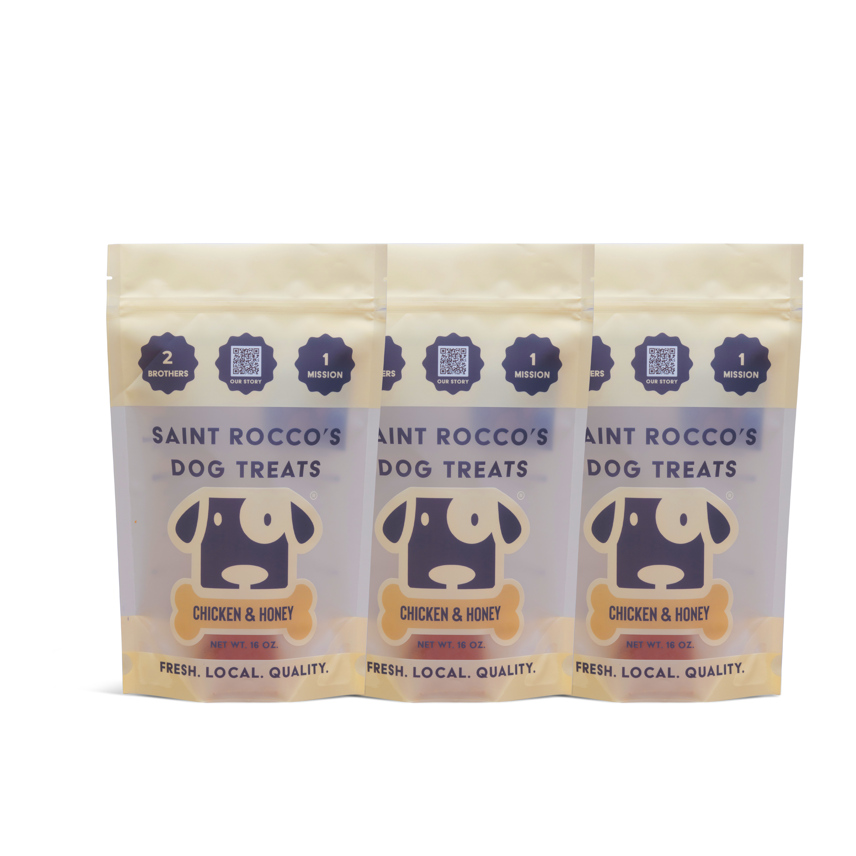 Three resealable bags of Saint Rocco's Treats Chicken and Honey Treats are displayed side by side, each featuring a cartoon dog face and the tagline "Fresh. Local. Quality." at the bottom.