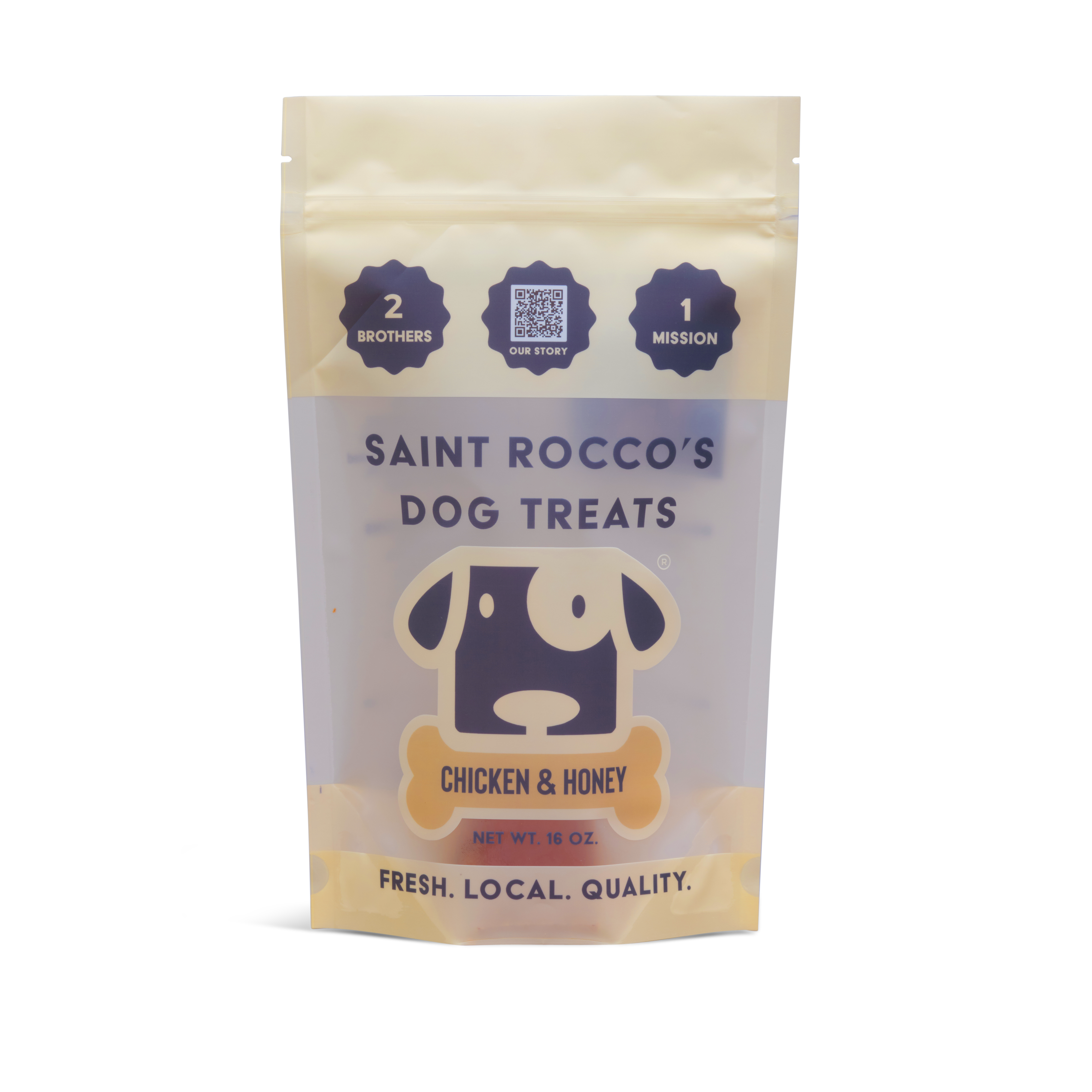 Saint Rocco's Treats Chicken and Honey Treats come in a resealable 16 oz bag with a cartoon dog face and “2 Brothers, 1 Mission.” Fresh, local, quality—ideal high-value dog treats for your pup.