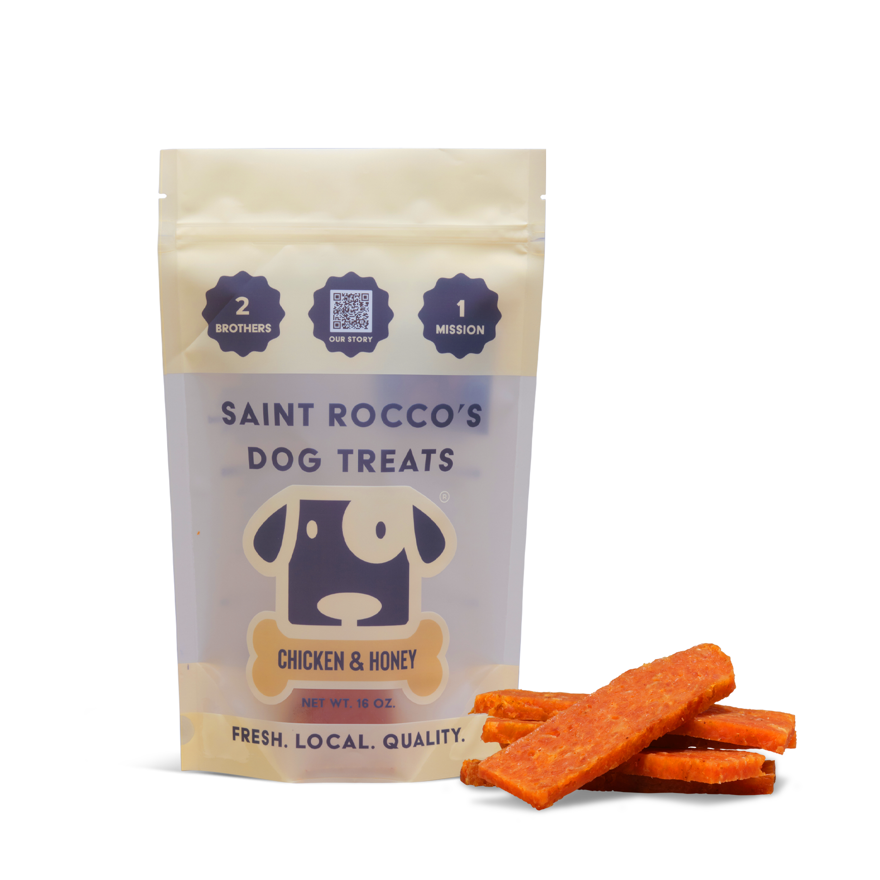 A bag of Saint Rocco's Treats Chicken and Honey Treats stands upright, with orange treat sticks beside it. The packaging displays a cartoon dog face and phrases such as "Fresh. Local. Quality.