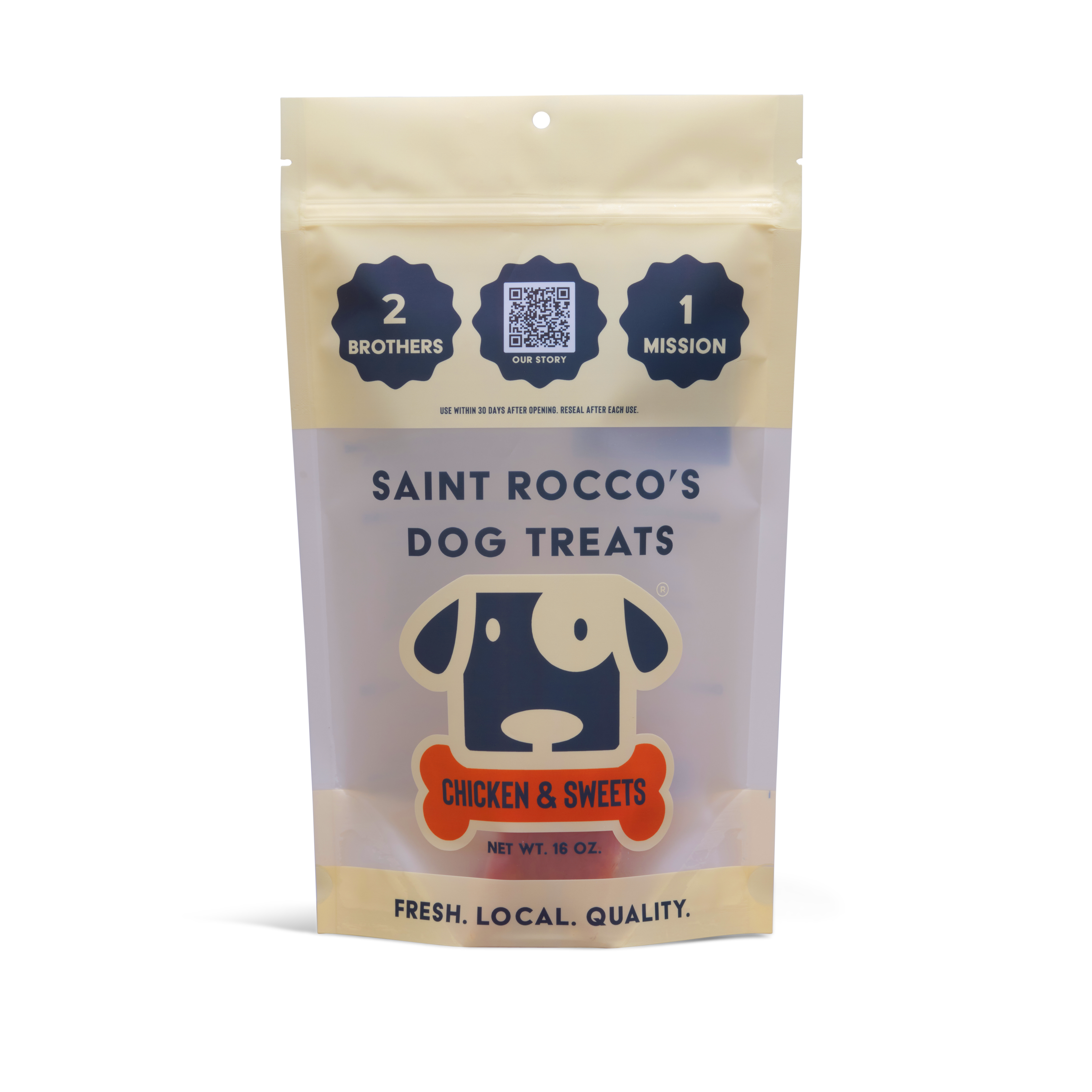 Saint Rocco's Treats Chicken and Sweets Treats package features a cartoon dog and bone, highlights “2 brothers, 1 mission,” and emphasizes freshness, quality, and local sourcing.