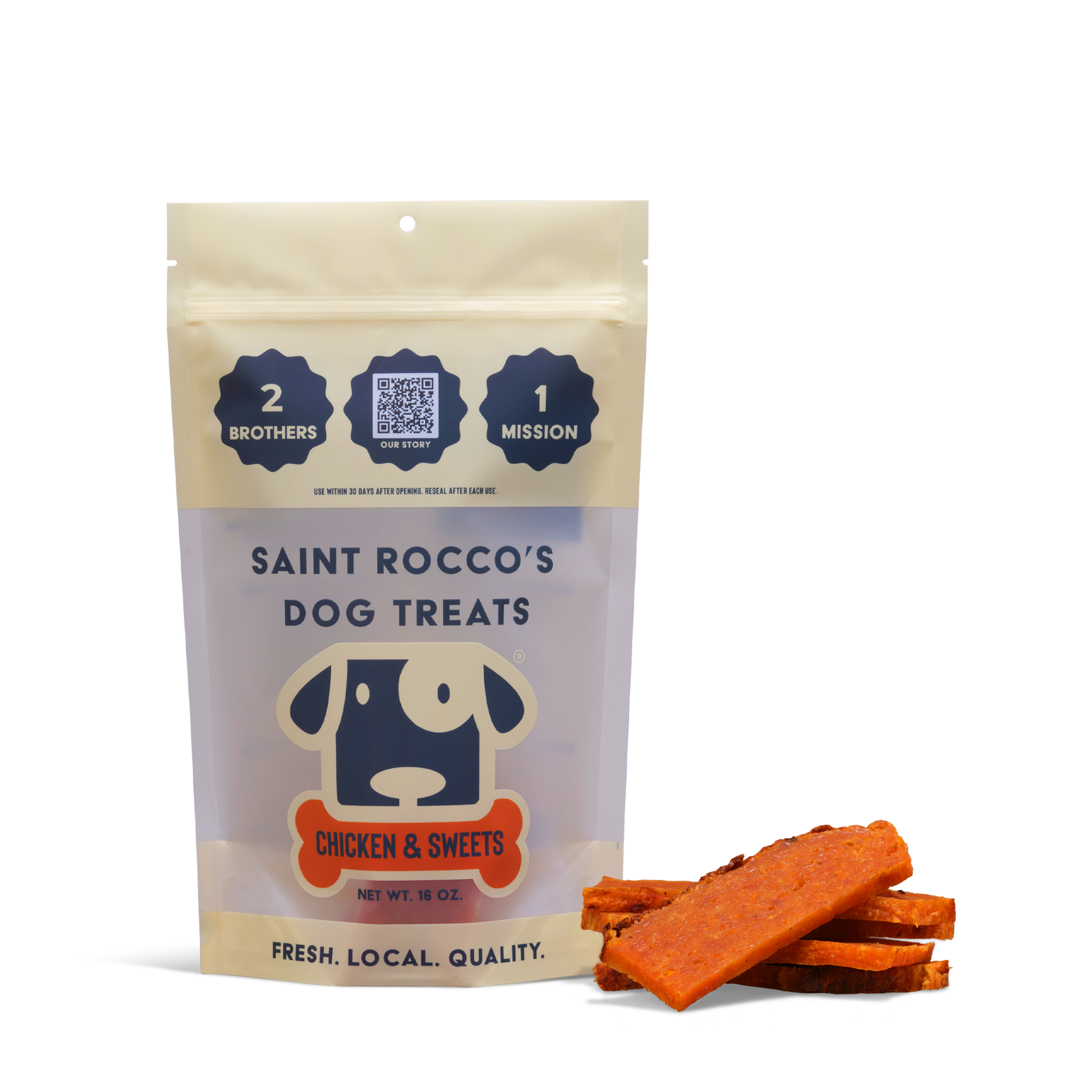 A bag of Saint Rocco's Treats Chicken and Sweets Treats stands upright beside orange sticks. The package displays a cartoon dog face and the phrases "Fresh. Local. Quality.