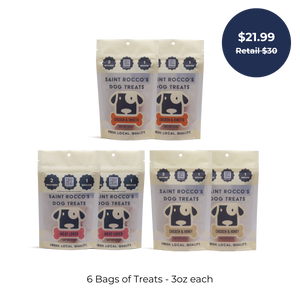 Get the Chicken Sampler Bundle from Saint Rocco's Treats: 6 bags (3oz each) of artisan dog treats in Chicken & Sweets, Chicken & Honey, and Meat Lover flavors for $21.99 (retail $30). Perfect high-value rewards for your pup!.