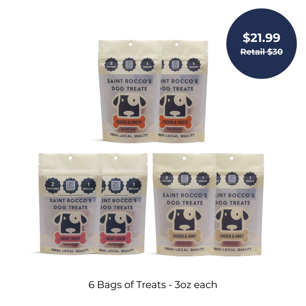 Get the Chicken Sampler Bundle from Saint Rocco's Treats: 6 bags (3oz each) of artisan dog treats in Chicken & Sweets, Chicken & Honey, and Meat Lover flavors for $21.99 (retail $30). Perfect high-value rewards for your pup!.