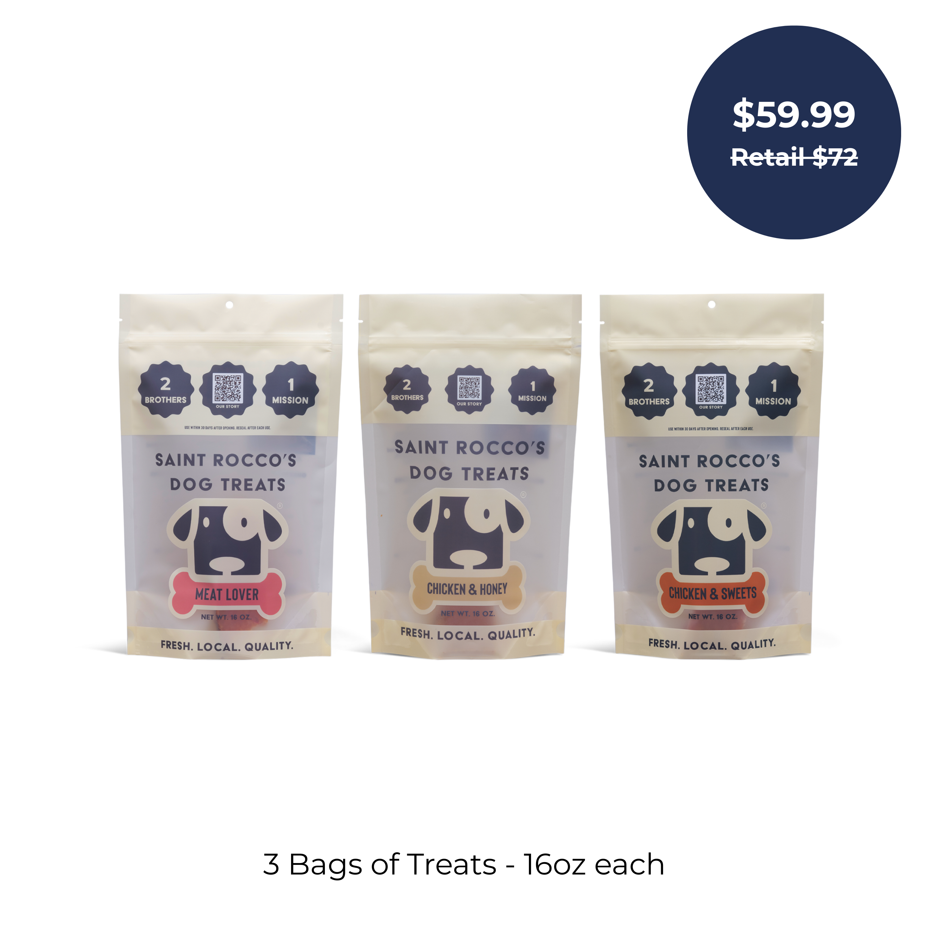 Three bags of Saint Rocco's Treats in the Chicken Sampler Bundle are shown with a blue circle showing $59.99 (retail $72). Text below reads: 3 Bags of Treats - 16oz each, perfect as high-value dog treats.