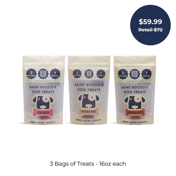 Three bags of Saint Rocco's Treats in the Chicken Sampler Bundle are shown with a blue circle showing $59.99 (retail $72). Text below reads: 3 Bags of Treats - 16oz each, perfect as high-value dog treats.