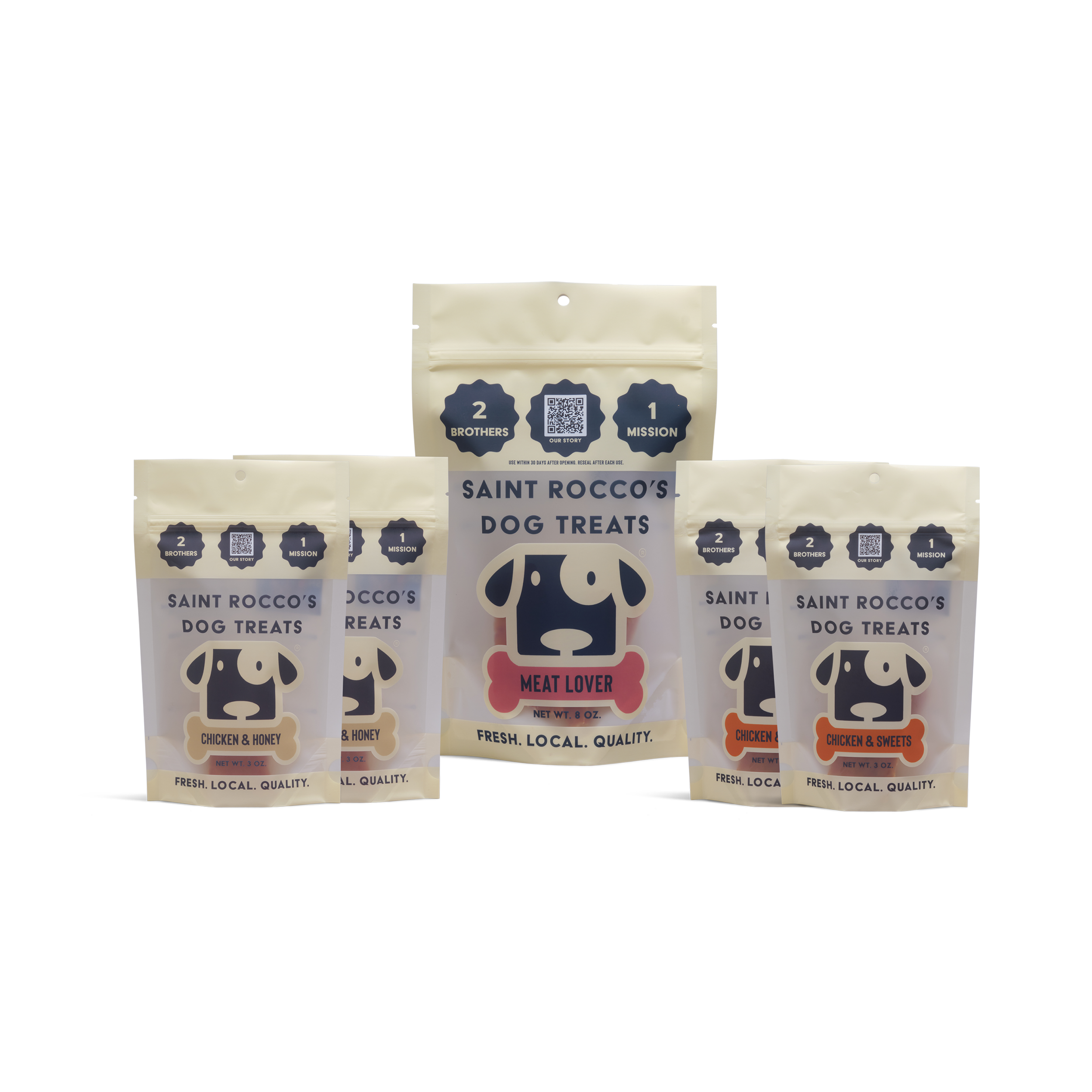 Four packages of Saint Rocco's Dog Treats on a white background