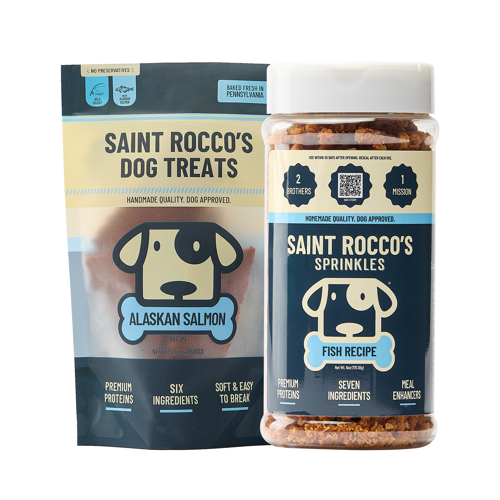 Saint Rocco's dog treats packaging shown on a white background, featuring a pouch of Alaskan Salmon protein treats next to a clear jar of Fish Recipe Sprinkles with a white lid.