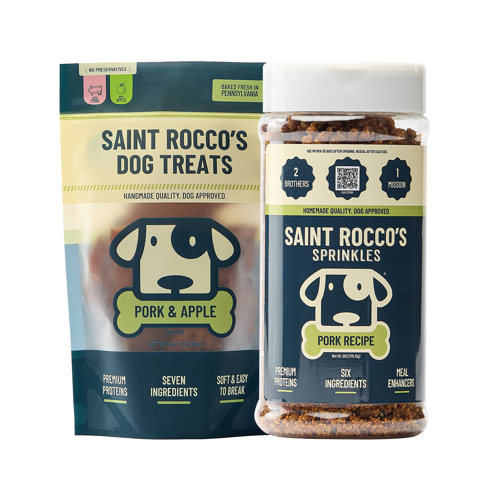 Saint Rocco's Dog Treats Pork & Apple sprinkle jar and matching retail pouch on a white background.