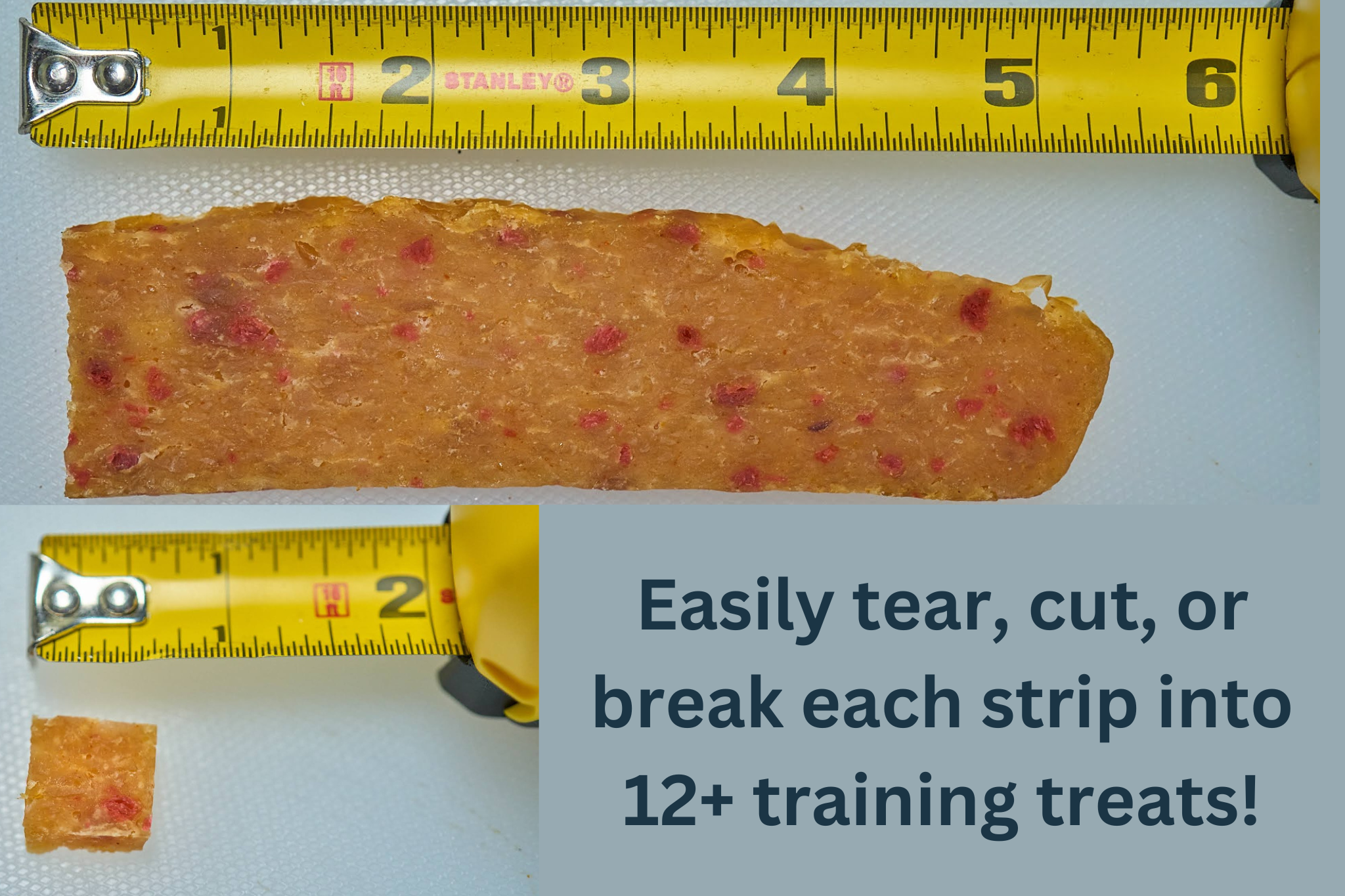 A strip of Saint Rocco's Meat Lover Treats sits beside a measuring tape, with a piece torn off. Text reads: Simply tear, cut, or break each strip into 12+ training treats!.