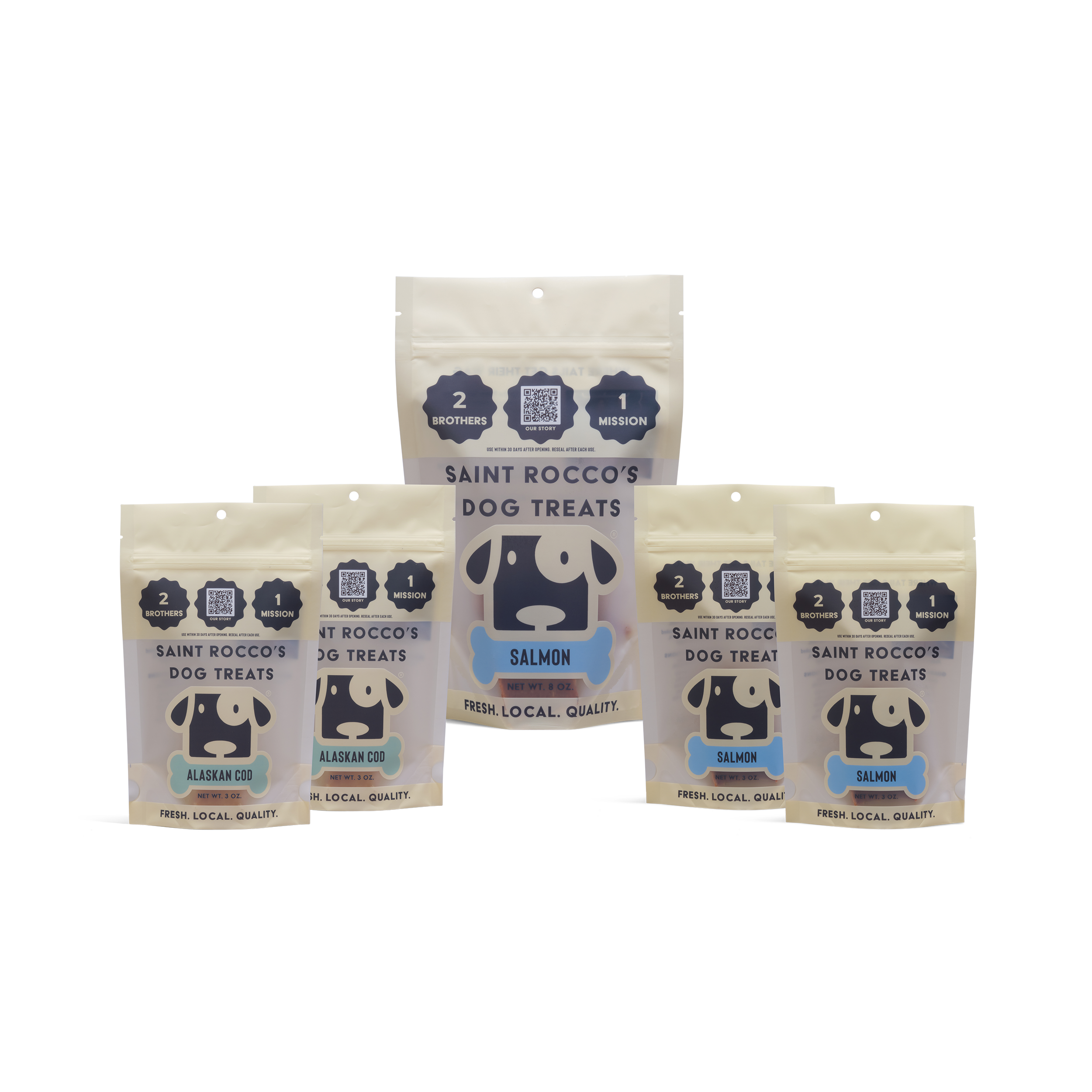 Saint Rocco's Dog Treats packages on a white background