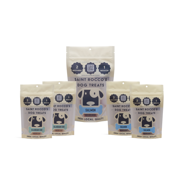 Saint Rocco's Dog Treats packages on a white background