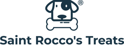 Logo for Saint Roccos Treats featuring a simple, cartoon-style dog face with a spot over one eye, holding a bone in its mouth, above the text Saint Roccos Treats.