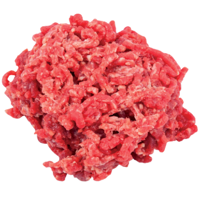 A mound of raw ground beef on a white background. The meat is bright red with visible strands and small flecks of fat mixed throughout.