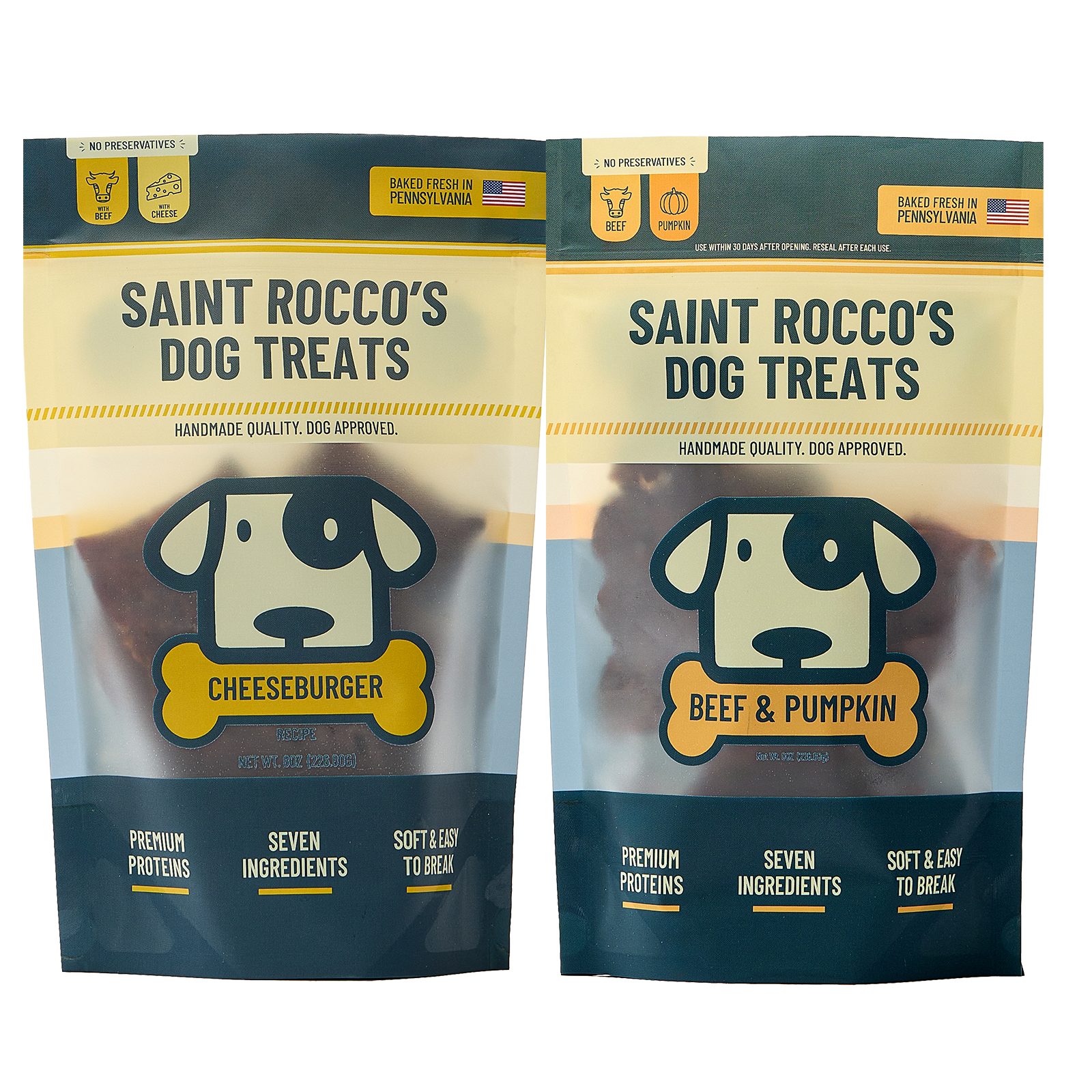 Bundle of Saint Rocco's beef & romano cheese and beef & pumpkin 8oz bag treats.
