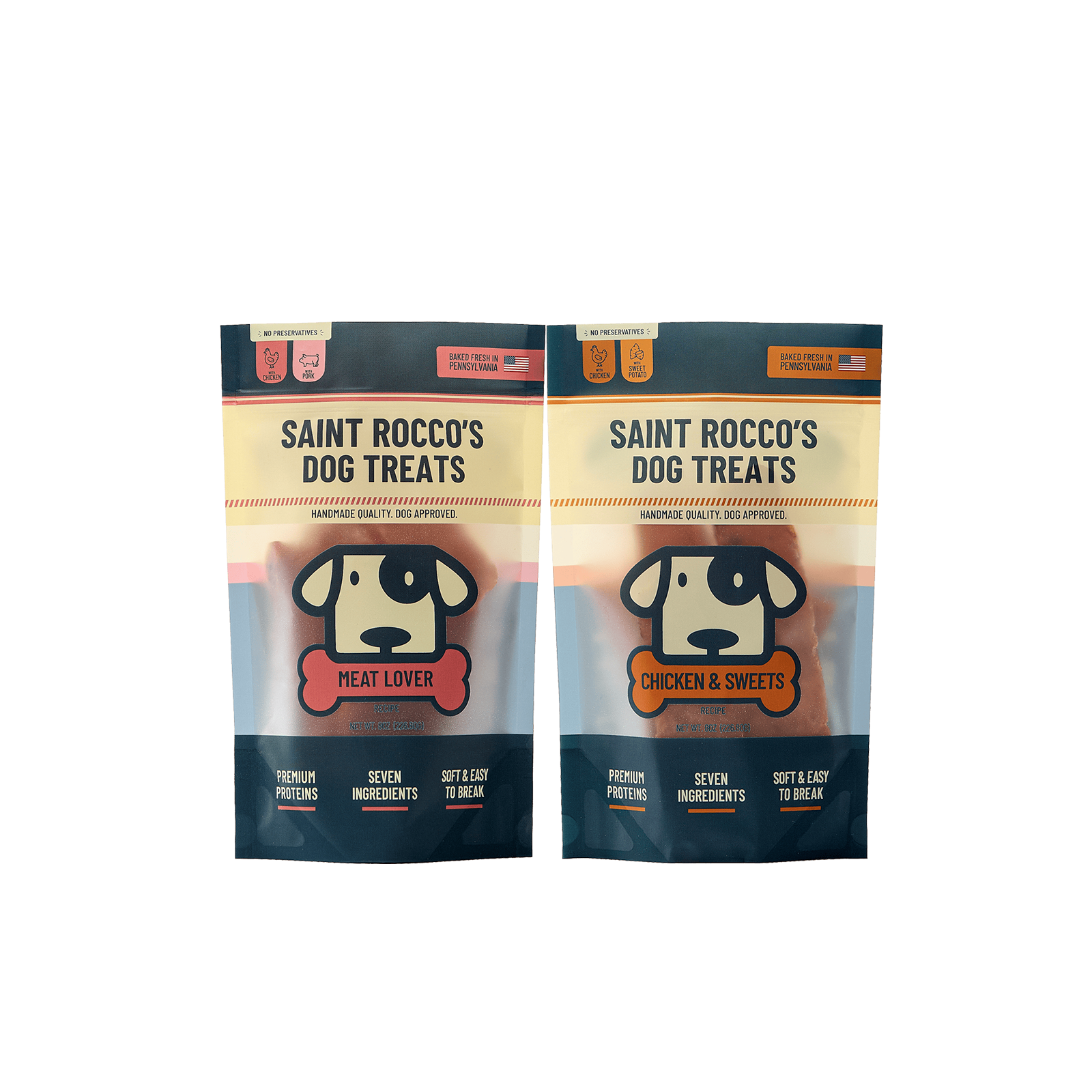Bundle of Saint Rocco's chicken & bacon and chicken & sweet potato 8oz bag treats.